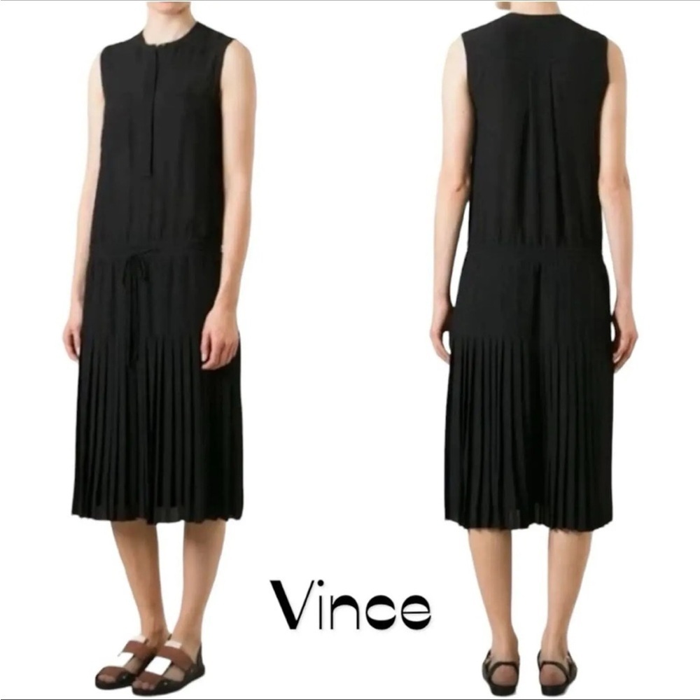 Vince Black Midi Tiered Pleated Sleeveless Tent Dress Size XXS / 00 - Picture 1 of 9